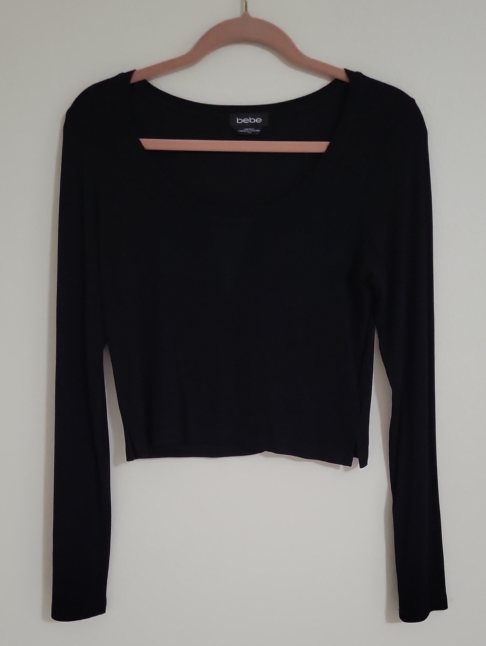 Vintage bebe Black Long Sleeve Scoop Neck Crop Top, Slim Fit, Mesh V At Neckline